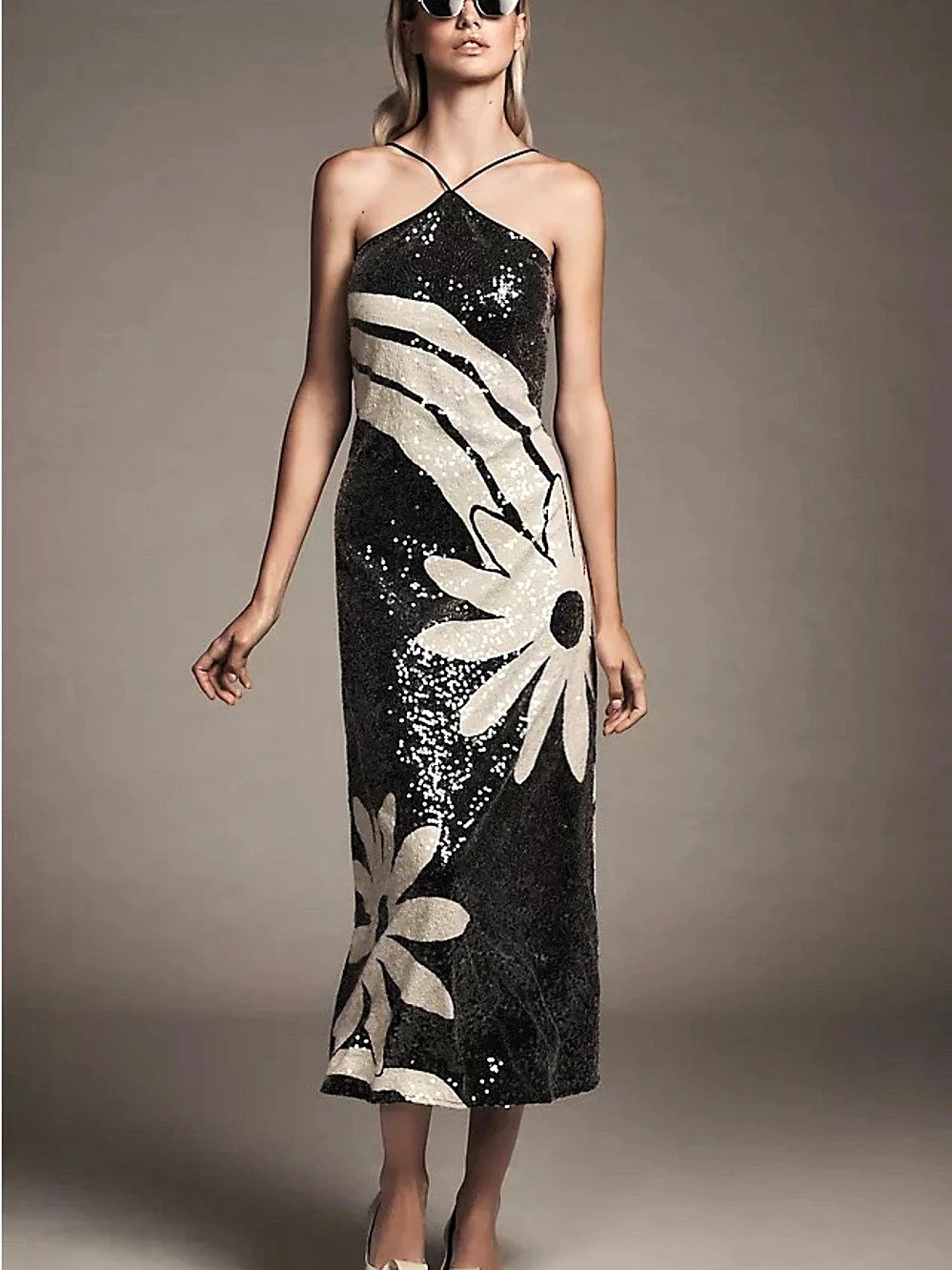 Farm Rio Halter Sequin Column Midi Dress Black & Cream Like New